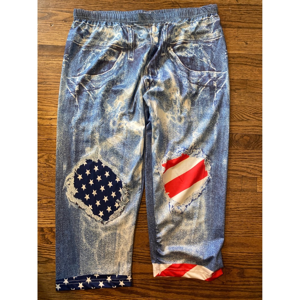 Rosegal Patriotic Denim Print Leggings Stars Stripes Americana Capri Pants Large